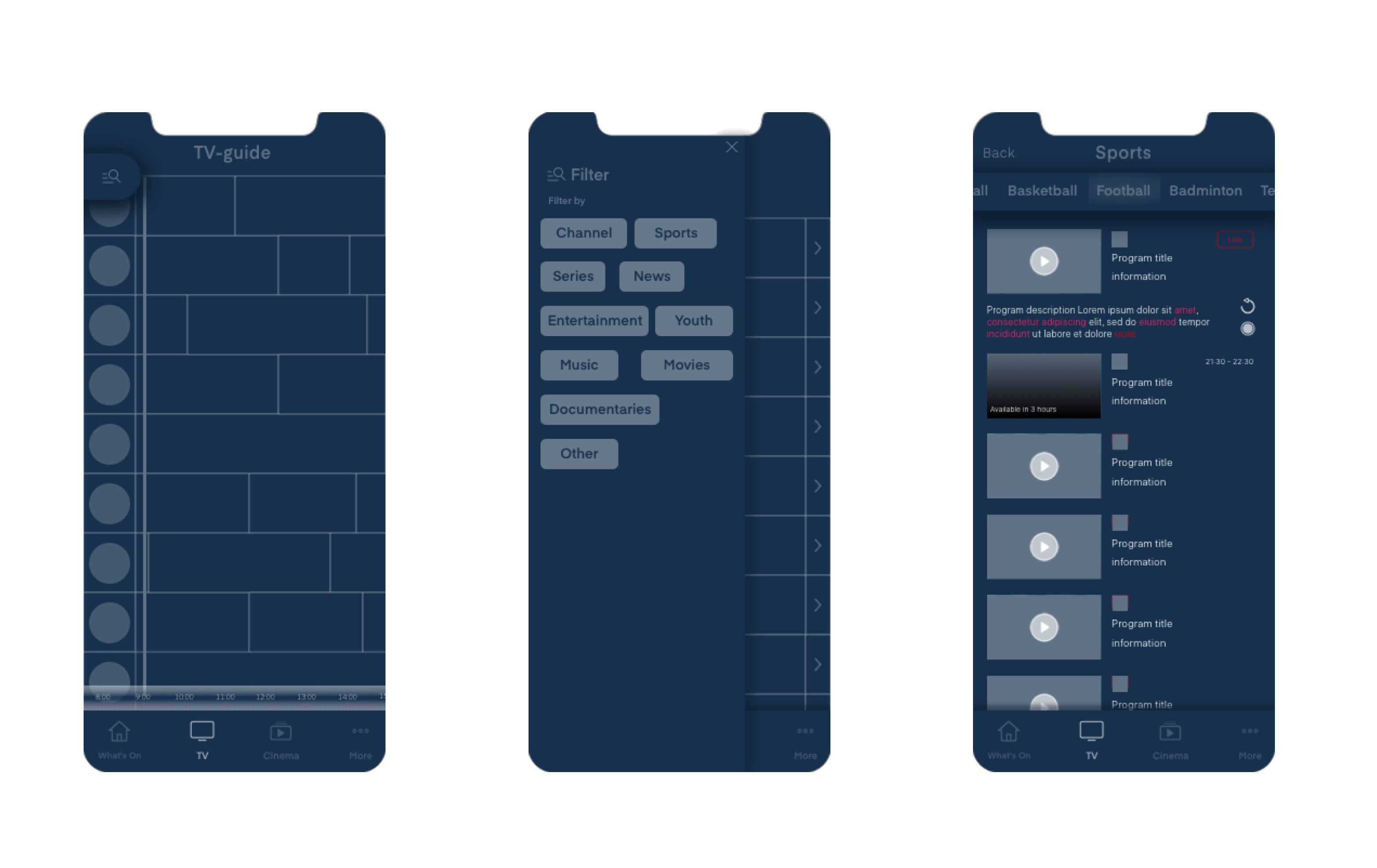 Discarded exploration: EPG with genre filter overlay and filtered results view